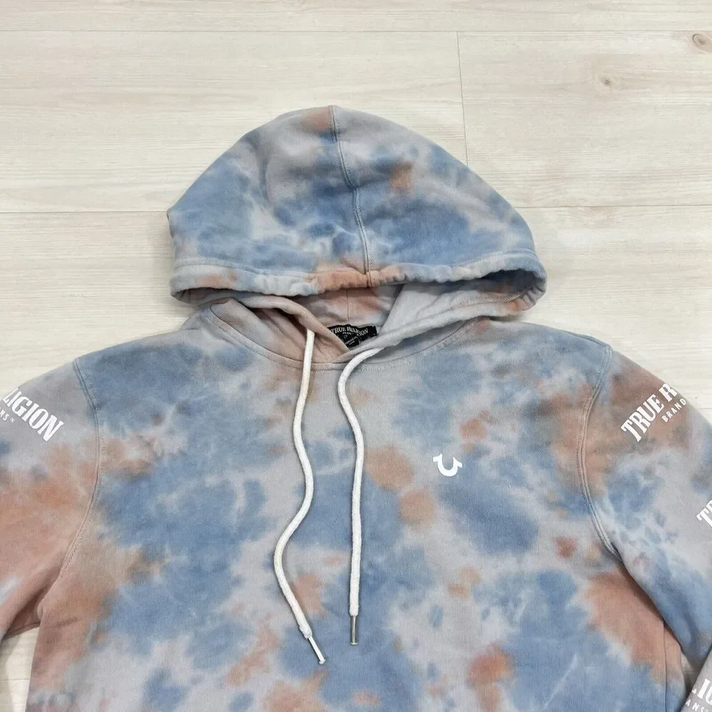 True Religion Hoodie Mens Small Tie Dye Blue Logo Spell Out Sleeves Pockets
